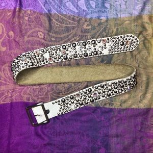 Studded & Bejeweled White Leather Belt